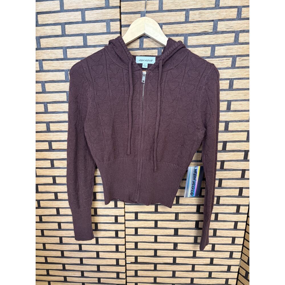Urban‎ Weekend Brown Heart Sweater Jacket Size Large